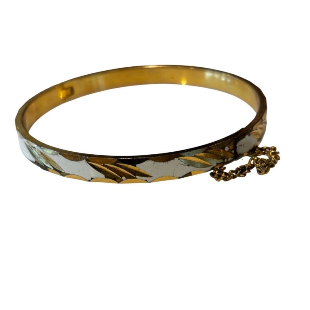 Vintage Hinged Bangle, White Enamel Geometric Inlay, Gold Tone with Safety Chain